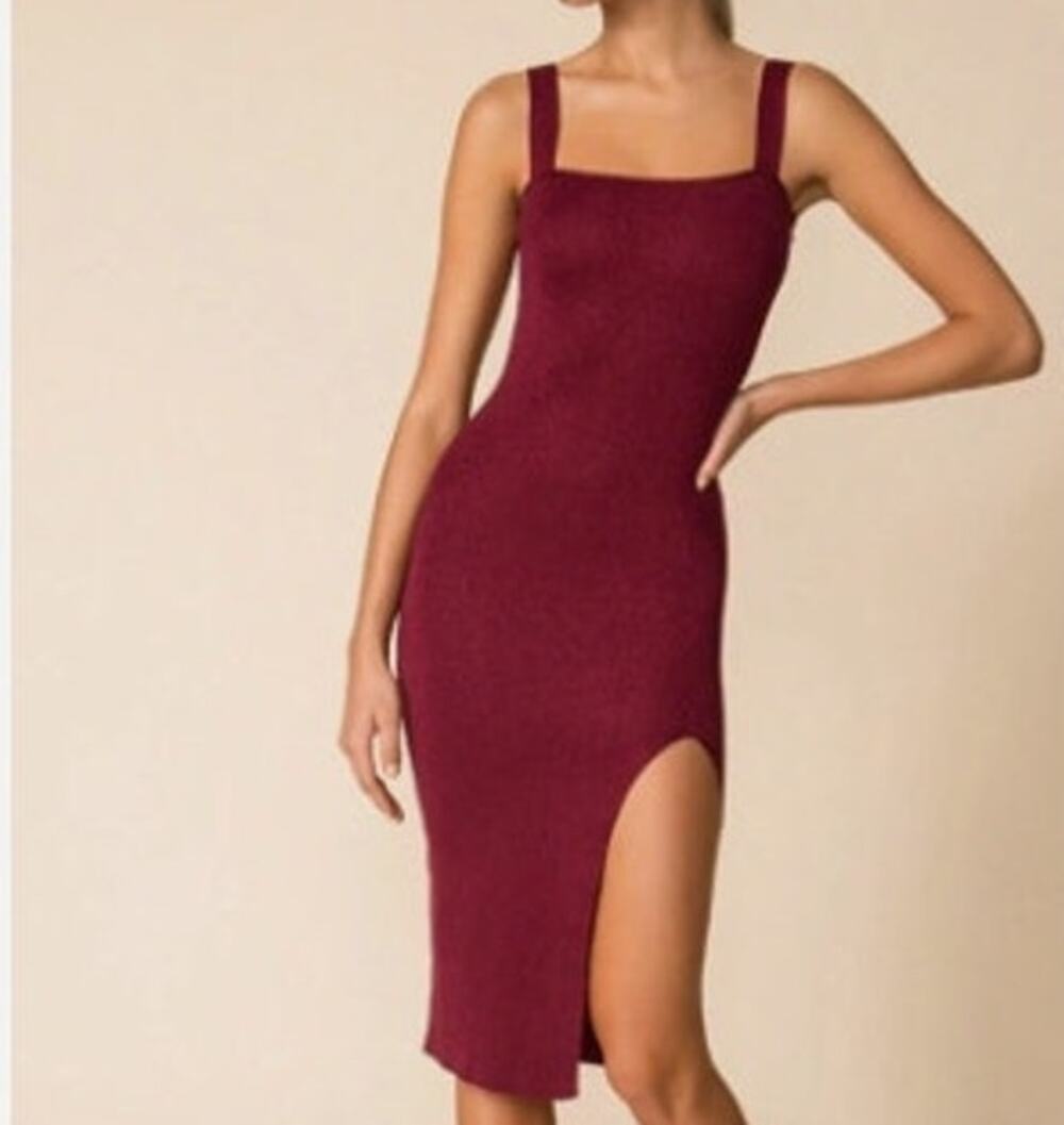 Superdown Zoe Square Neck Dress size M Metallic Burgundy holiday party shimmer